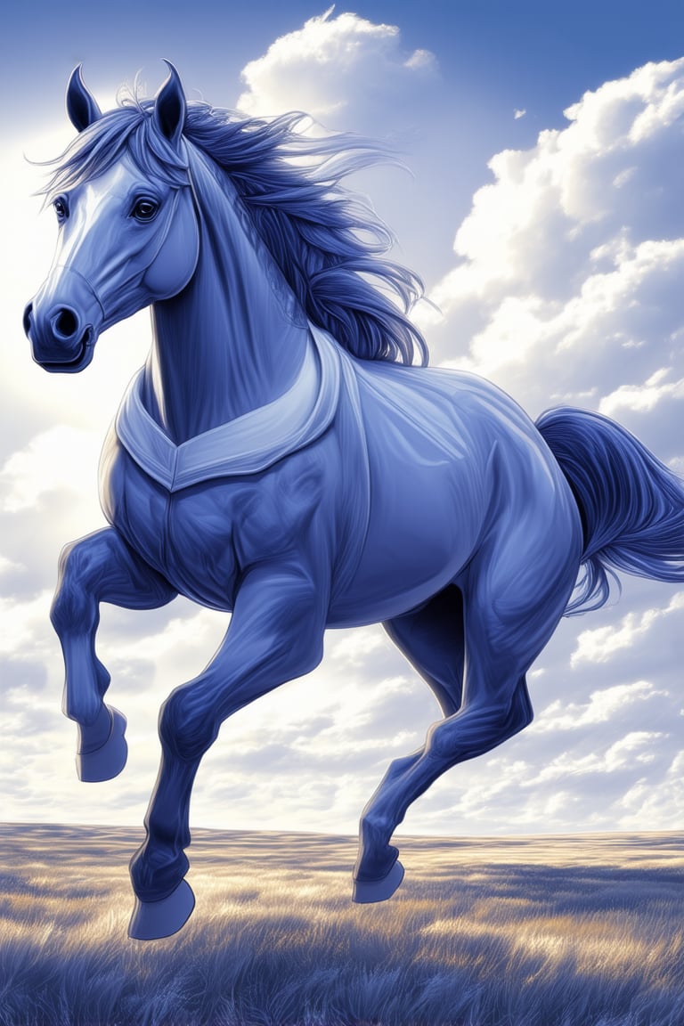 A majestic blue horse gallops freely across a vast, open plain under a brilliant blue sky with fluffy white clouds scattered across it. The horse's coat glistens with dew as the warm sunlight casts a subtle glow on its majestic mane and tail.