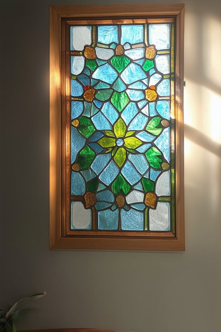 Vibrant stained glass artwork suspended within a wooden frame, illuminated by soft morning light streaming through the window. Delicate panes of colored glass depict intricate floral patterns and geometric shapes, casting kaleidoscopic shadows on the surrounding surfaces. A subtle gradient of blues and greens fills the background, evoking a sense of serenity and calm.