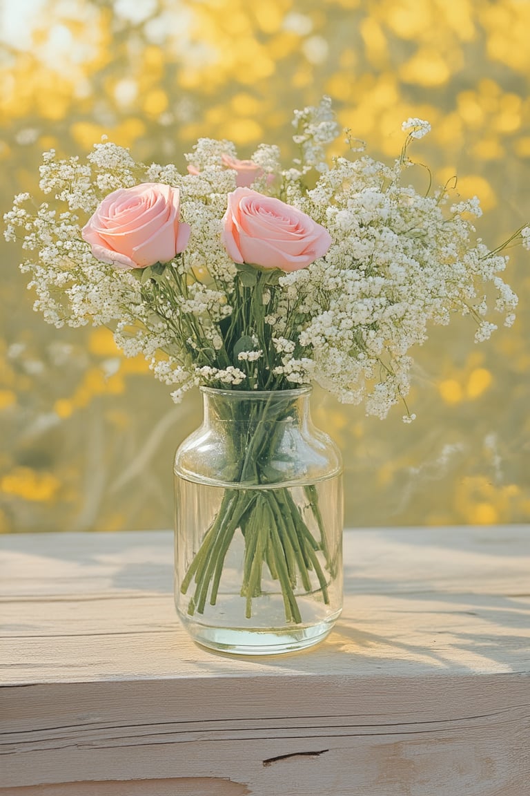 A still life photograph of a delicate, vintage-style vase filled with a bouquet of soft pink roses and baby's breath, set against a warm, sunny yellow flower background that subtly blooms in the distance. The vase sits atop a distressed wooden table, with gentle morning light casting a warm glow.