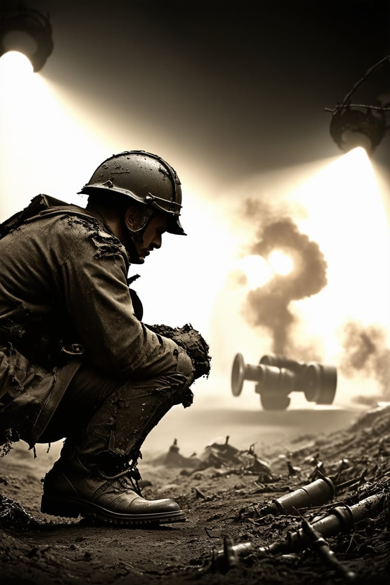 A gritty, high-contrast image of a World War I trench, with muddy boots and torn uniforms littering the ground. Barbed wire stretches across the foreground, while artillery shells burst in the distance. A weary soldier crouches in the shadows, helmet dented and face smeared with mud. Flickering searchlights cast an eerie glow on the desolate landscape.