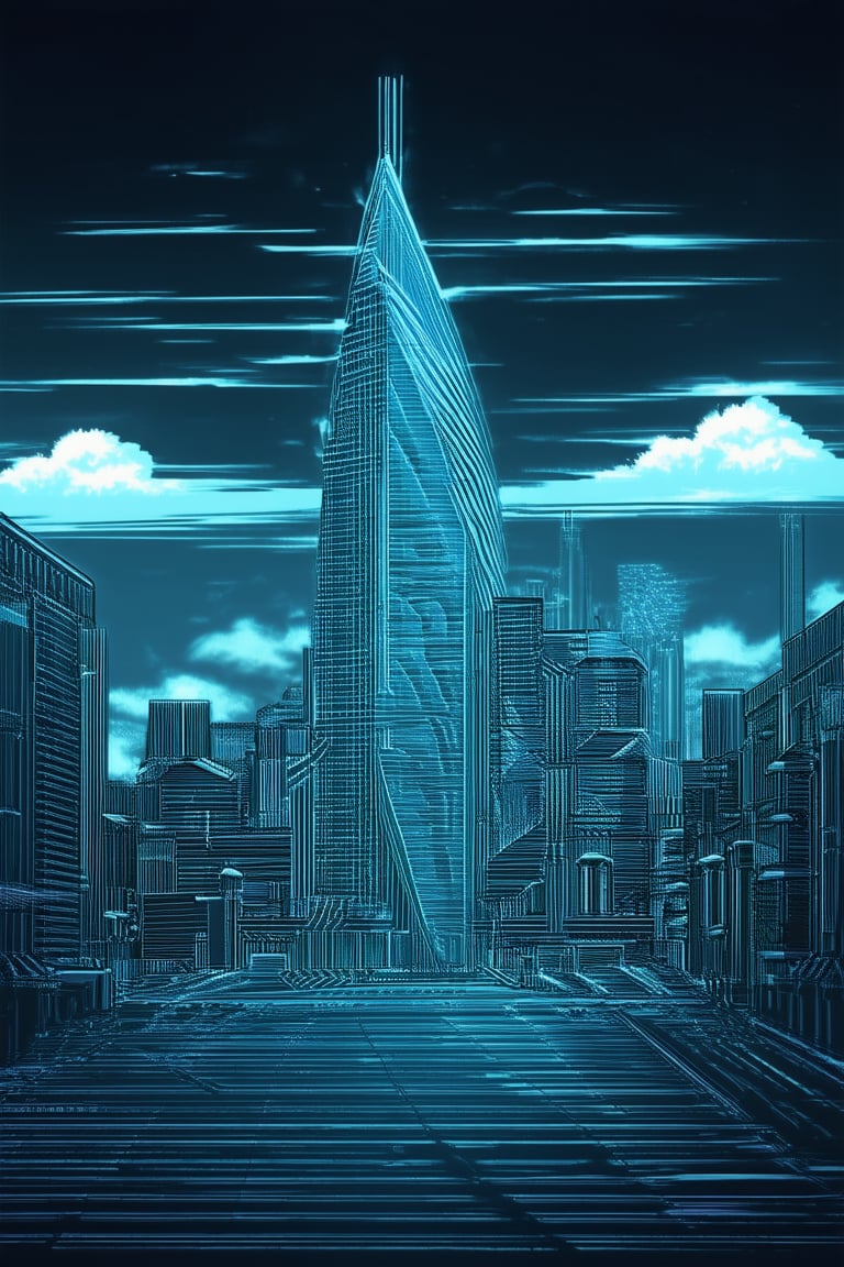 A futuristic cityscape at dusk, rendered in bold line art style. A sleek skyscraper pierces the sky, surrounded by wispy cloud formations. Neon lights illuminate the darkening atmosphere, casting a vibrant glow on the concrete jungle below. The composition is clean and minimalistic, with sharp lines defining the architecture and urban landscape.