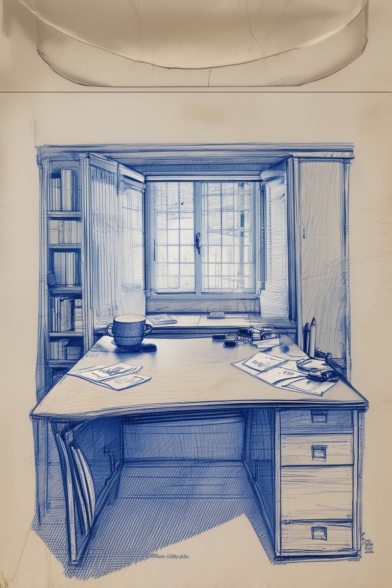 A blueprint sketch of an architect's office, a vintage wooden desk at center frame, scattered papers and pencils surrounding it. Soft overhead lighting casts a warm glow on the scene, while a north-facing window behind fills the space with a subtle blue hue. A lone coffee mug sits atop a nearby bookshelf, adding a touch of personality to the otherwise minimalist setting.