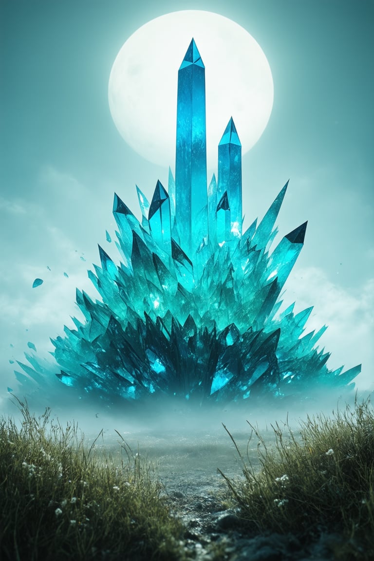 A surreal landscape on a distant planet, 'Cyan Planet', where iridescent blue-green hues dominate the vista. A towering crystal formation rises from the misty terrain, its facets glinting like shattered sapphires under the soft, lunar-like glow of twin suns setting in the sky. In the foreground, delicate, feathery flora sway gently in an ethereal breeze.