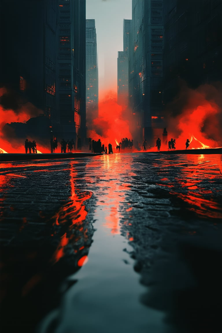 A fiery red hue engulfing a darkened cityscape at dusk. Tall skyscrapers pierce the smoldering orange sky, their reflections rippling on the wet pavement like molten lava. Flames dance in the foreground, casting a warm glow on the faces of passersby, who seem unaware of the impending inferno.