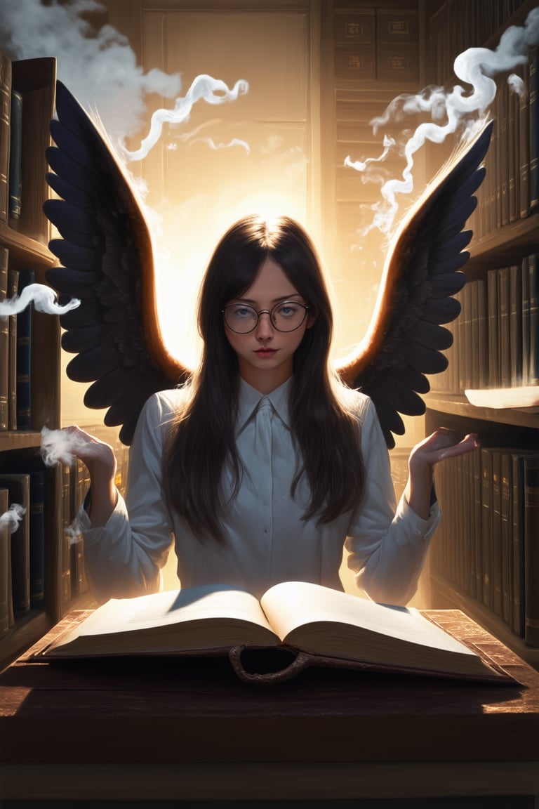 A whimsical, mystical portrait of a bespectacled librarian surrounded by swirling clouds of ancient tomes and wisps of smoke, set against a warm golden light that casts long shadows across the worn wooden shelves. The subject's eyes gleam with an otherworldly intensity as they gaze into a leather-bound book, its pages fluttering open like wings.