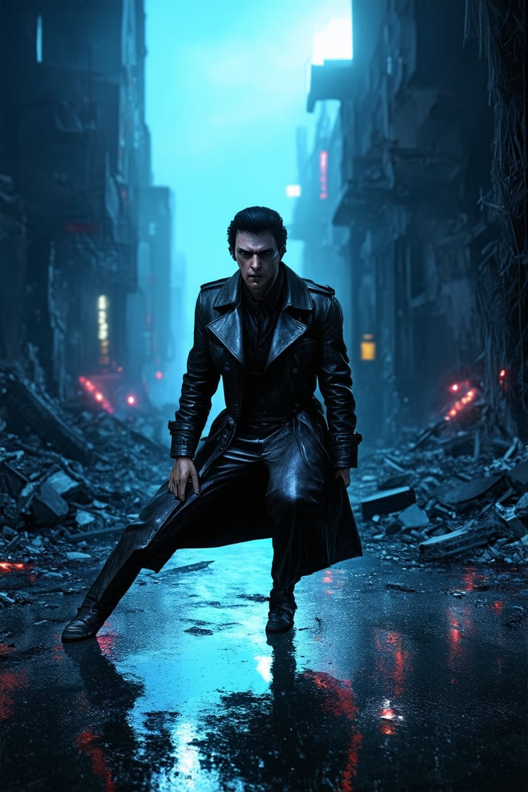 A gritty cyberpunk scene: A lone figure, dressed in worn leather trenchcoat, crouches amidst ruins of a once-great city. Neon lights reflected off wet asphalt, casting a gaudy glow on the darkened landscape. The subject's eyes gleam with determination as they rummage through rubble, surrounded by twisted metal and shattered glass.