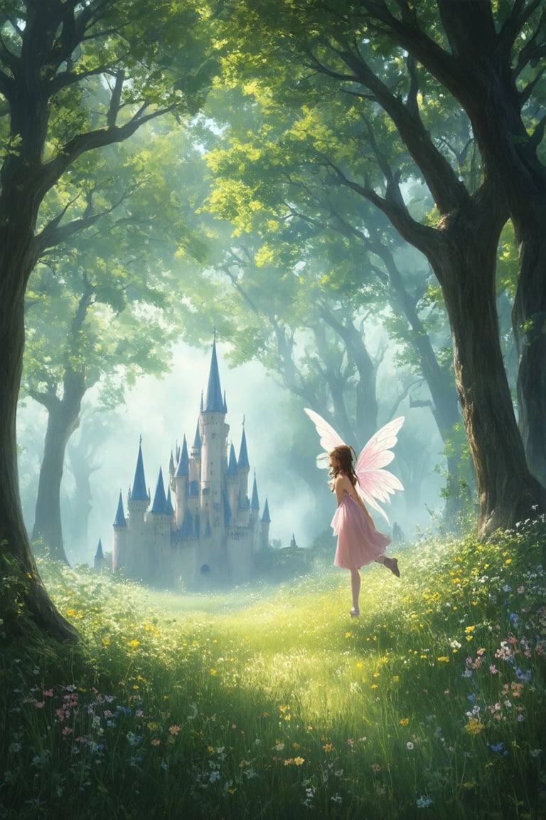 Whimsical fantasy landscape: a lush forest with towering trees, shimmering misty fog, and vibrant wildflowers swaying in the gentle breeze. In the distance, a mystical castle rises from the treetops, its turrets and towers shrouded in a soft, ethereal glow. A delicate fairy perches on a leafy branch, her wings beating softly as she tends to a hidden glade.