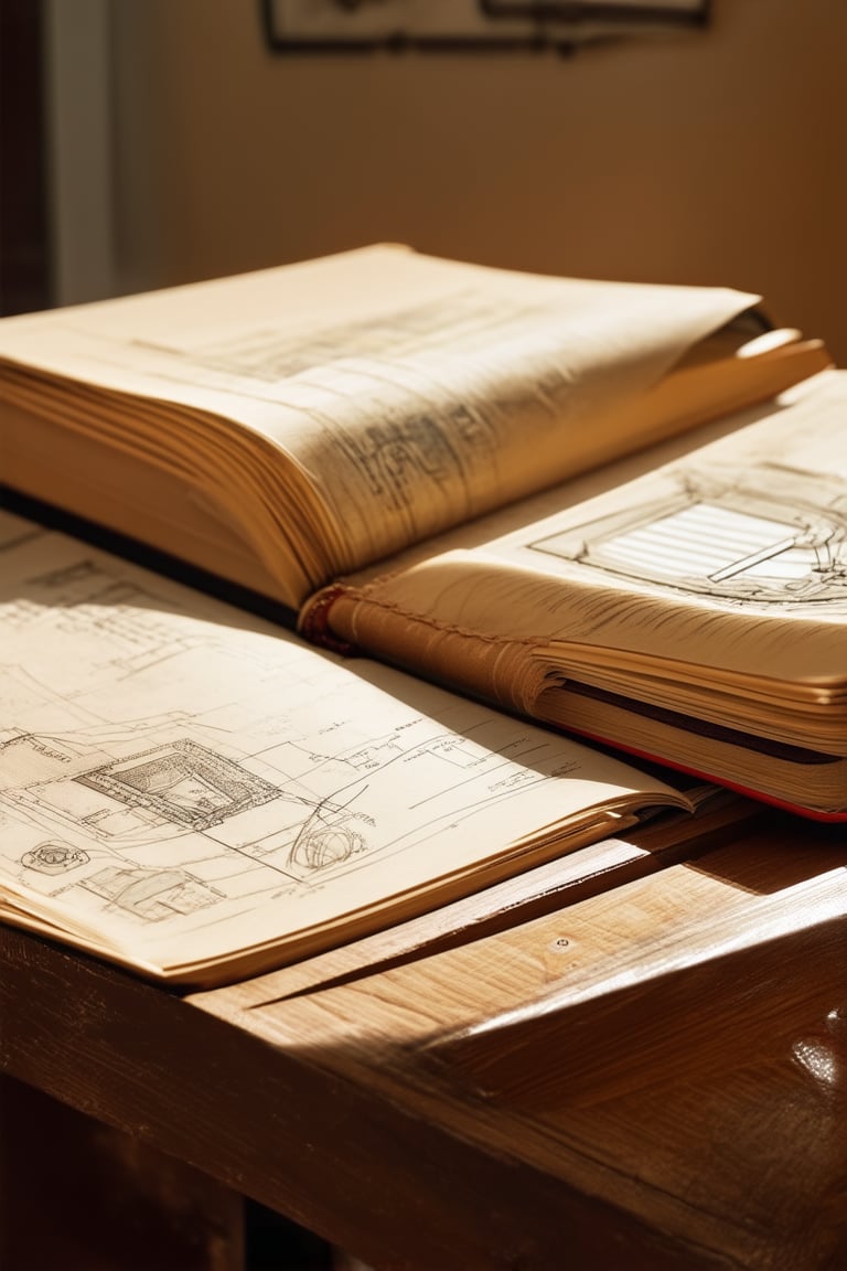 A close-up shot of a worn leather-bound blueprint sketchbook lies open on a rustic wooden desk, its yellowed pages filled with intricate diagrams and architectural drawings. The soft morning light casts a warm glow, illuminating the fine lines and precise markings within.