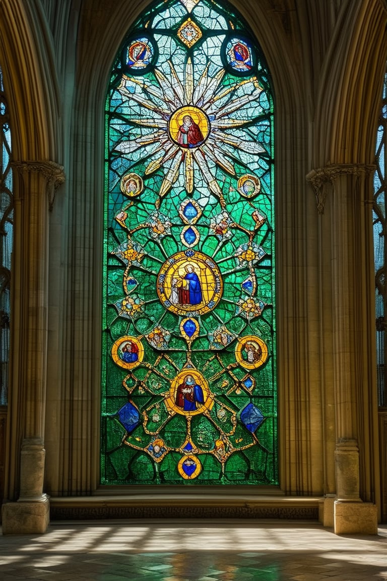 A majestic stained glass window dominates the grand Gothic cathedral's west wall, its vibrant hues of emerald green, sapphire blue, and amber yellow refracting light into a kaleidoscope of colors on the stone floor. Delicate panes of glass depict saints and biblical scenes in intricate detail, as sunlight streaming through the clerestory above casts a warm glow.