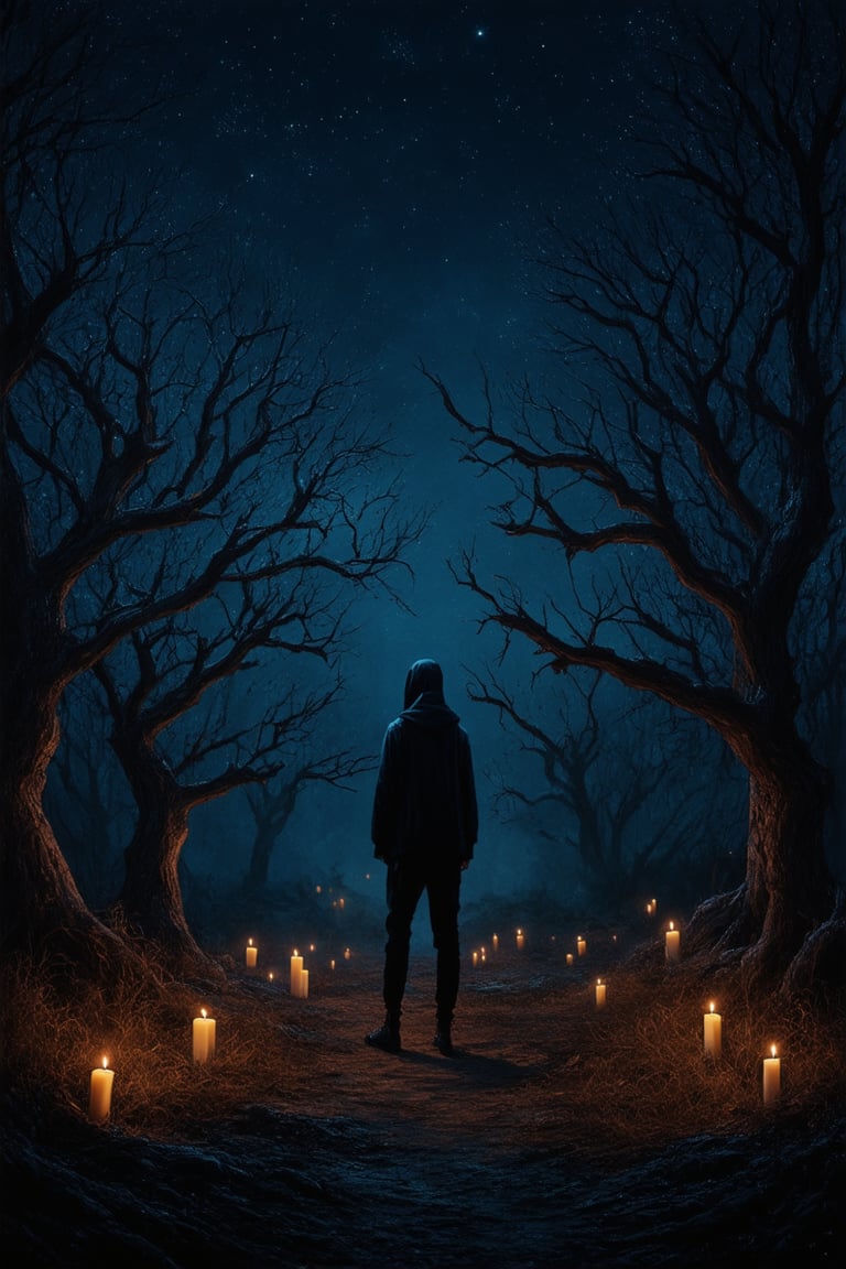 A dark and foreboding landscape dominates the frame as a lone figure stands at the edge of a mysterious forest. The sky is a deep shade of indigo, with stars twinkling like diamonds scattered across the fabric of reality. The subject's eyes glow with an otherworldly energy, illuminated by the faint light of candles scattered around their feet. In the distance, twisted tree branches stretch towards the darkness, as if grasping for something only they can see.