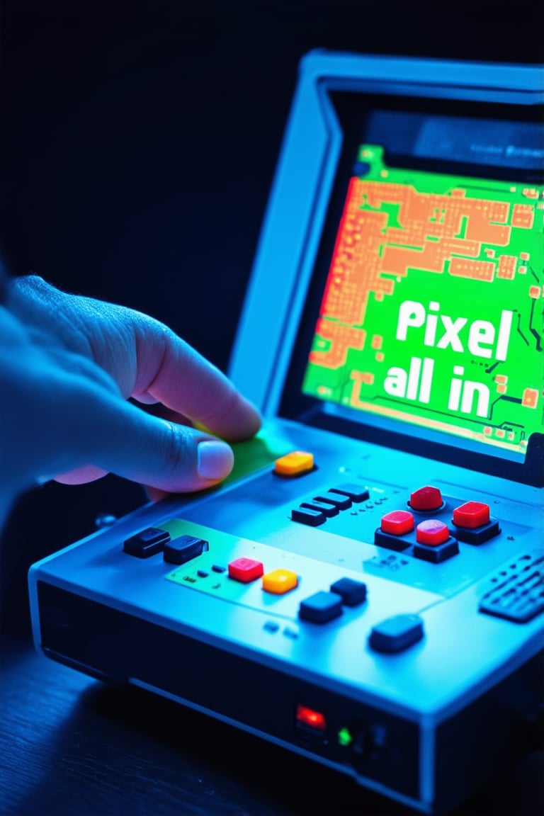 A close-up shot of a retro-style arcade game console, 'Pixel All In', with neon-lit buttons and a colorful pixel art display. The device is set against a dark blue background, lit by a warm glow from the screen. The camera is positioned directly above the console, capturing the intricate details of the circuit board and the satisfying crunch of a gamer's fingers on the controller.