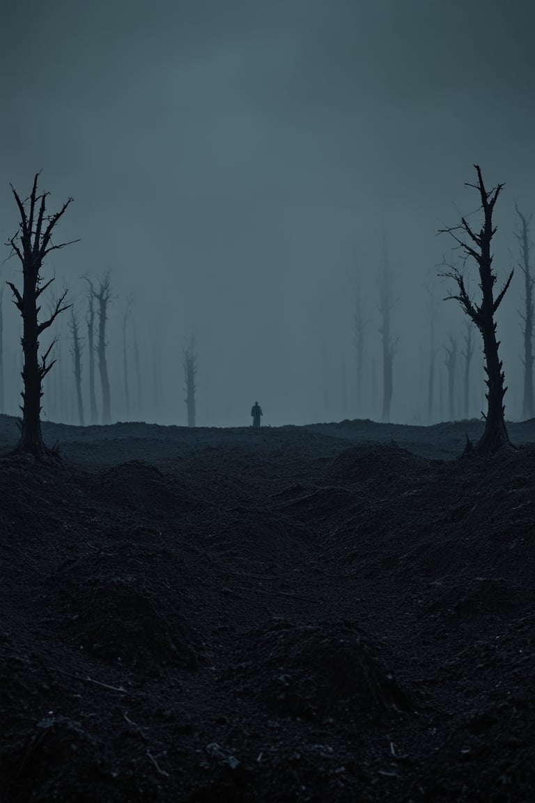 A dimly lit, eerie landscape unfolds as the camera pans across a desolate, ash-covered wasteland. The 'Darkside World' is shrouded in an unsettling mist, with twisted trees looming like skeletal fingers. In the distance, a lone figure stands, silhouetted against the dark sky, their shadowy form blending into the darkness.