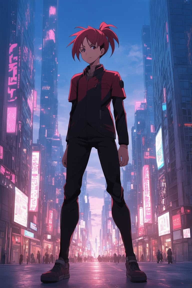 A futuristic cityscape at dusk, with neon-lit skyscrapers and bustling streets in the background. A young anime protagonist, Kaghi, stands confidently in the foreground, wearing a bold outfit with striking red hair tied back in a ponytail. The framing showcases Kaghi's dynamic pose, as if ready to take on the world, with a subtle smile hinting at their determination.