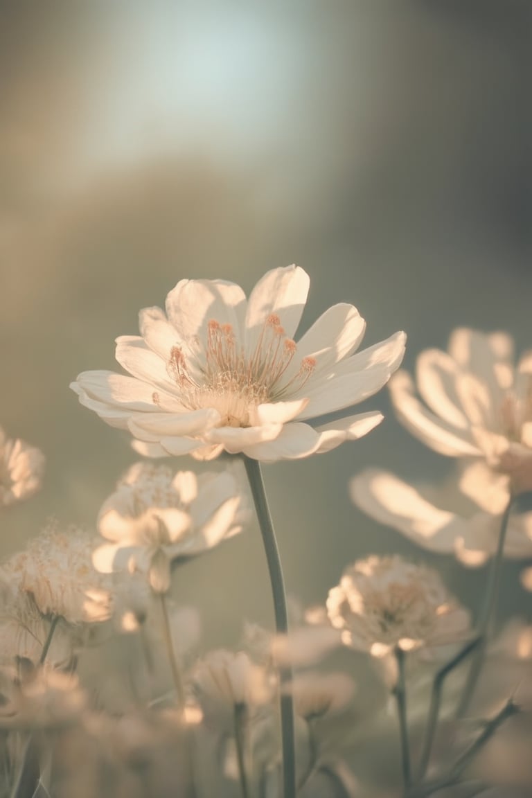 A gentle bloom unfurls against a soft focus flower background, petals delicately swaying in an ethereal light. A warm glow emanates from within, casting a subtle shadow across the surrounding blooms. The subject's pose is serene, with eyes cast downward as if savoring the tranquility of the scene.