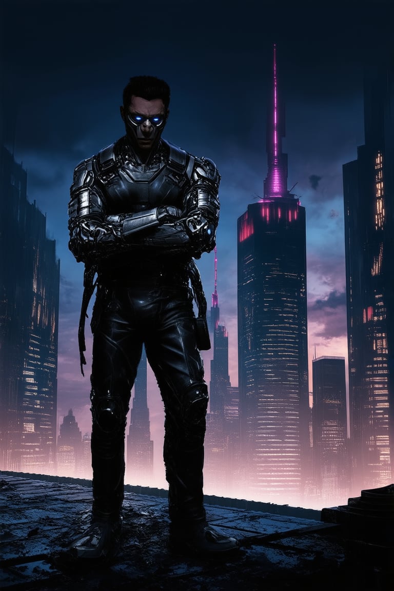 A gritty cityscape at dusk: towering skyscrapers pierce the darkening sky as neon lights flicker to life, casting a cyberpunk glow. A lone figure, dressed in worn leather and augmented cybernetic enhancements, stands atop a crumbling rooftop, arms crossed, eyes fixed on the horizon. Boom.