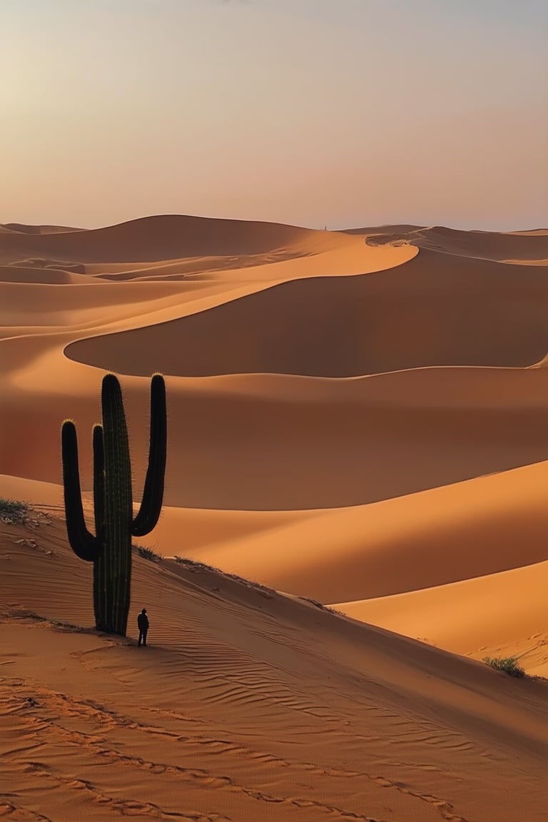 A sweeping desert landscape at dusk, with sand dunes glowing golden under a warm sunset light. A lone figure stands atop a sandy ridge, silhouetted against the vibrant orange and pink hues, with a majestic cactus standing sentinel beside them.