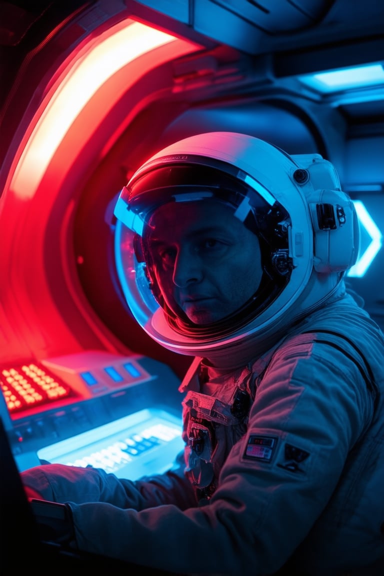 A dimly lit spaceship control room, a lone astronaut (dressed in worn jumpsuit) intensely stares at holographic display screens, neon blue and red lights reflecting off their helmet visor as the ship's systems beep and whir. The walls are lined with flickering console panels, casting an eerie glow on the astronaut's face.