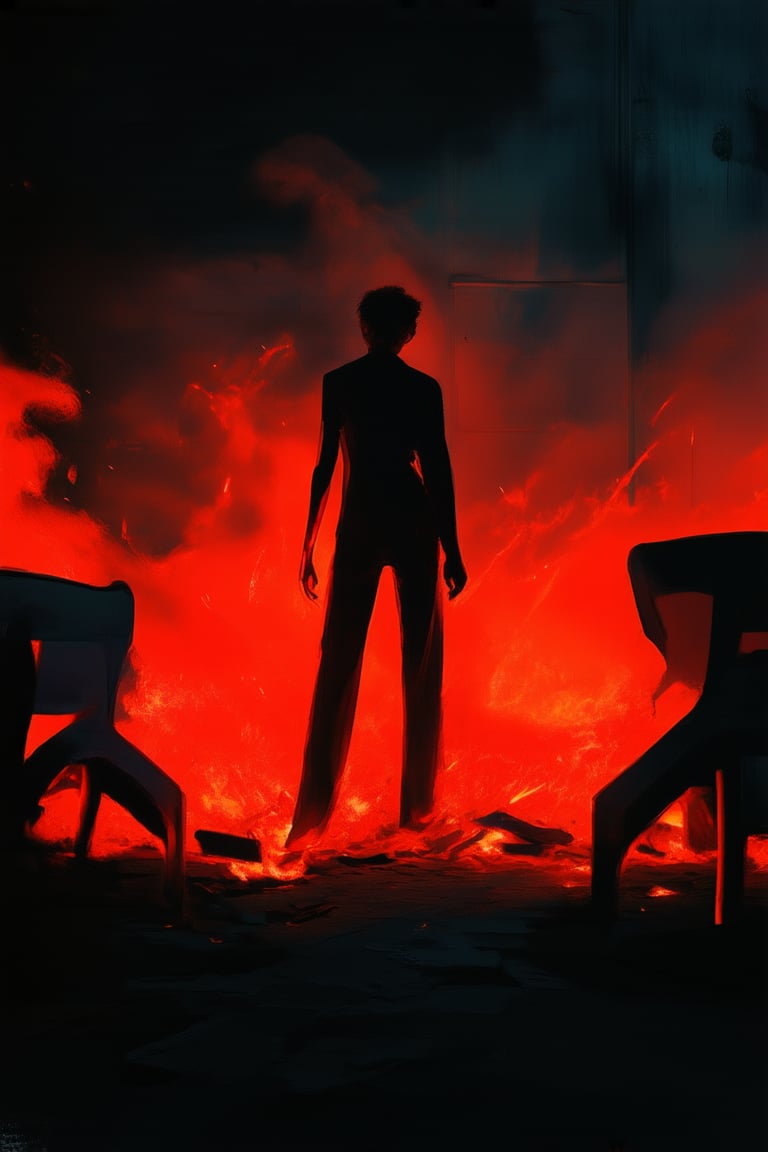 A fiery red hue dominates the scene as a blazing inferno engulfs the darkened room. Flames lick at the walls, casting an eerie orange glow on the surrounding furniture. A lone figure stands amidst the chaos, their face illuminated by the intense color as they gaze out into the inferno with a mix of awe and trepidation.