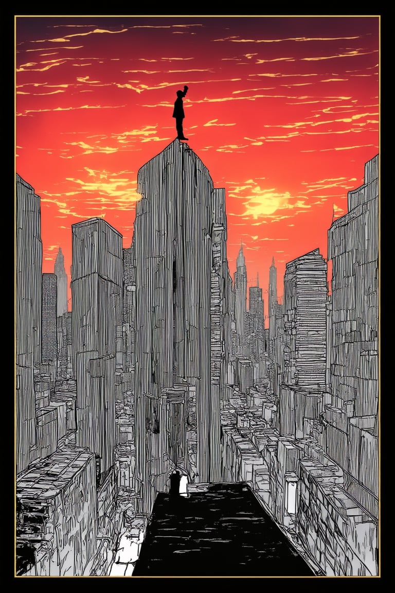 A whimsical illustration of a futuristic cityscape at dusk, rendered in bold line art style reminiscent of classic anime and manga. The scene is framed with a dramatic sky ablaze with hues of crimson and gold, reflecting off the sleek skyscrapers and neon-lit streets below. A lone figure stands atop a building, silhouetted against the vibrant backdrop, their pose conveying a sense of contemplation and wonder.