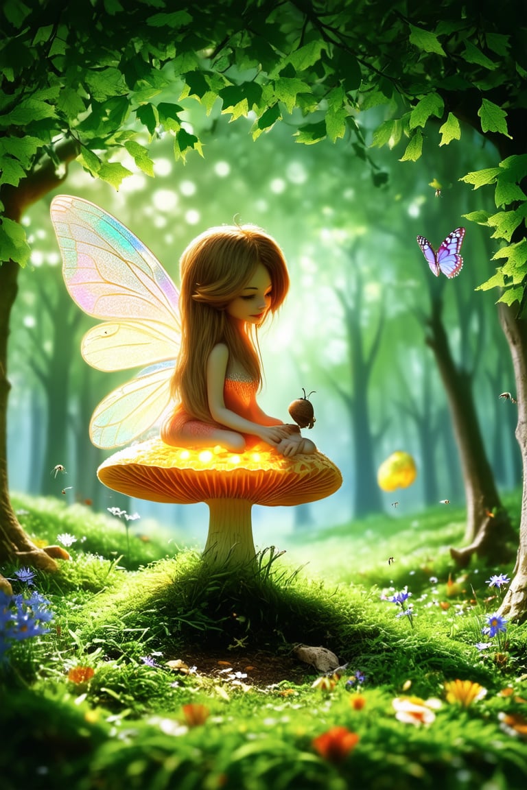 A whimsical forest glade, bathed in warm sunlight filtering through a canopy of emerald leaves. A delicate fairy, with wings like iridescent butterflies, perches on a moss-covered toadstool, her slender fingers cradling a glowing acorn. The air is alive with the soft hum of tiny insects and the sweet scent of blooming wildflowers.