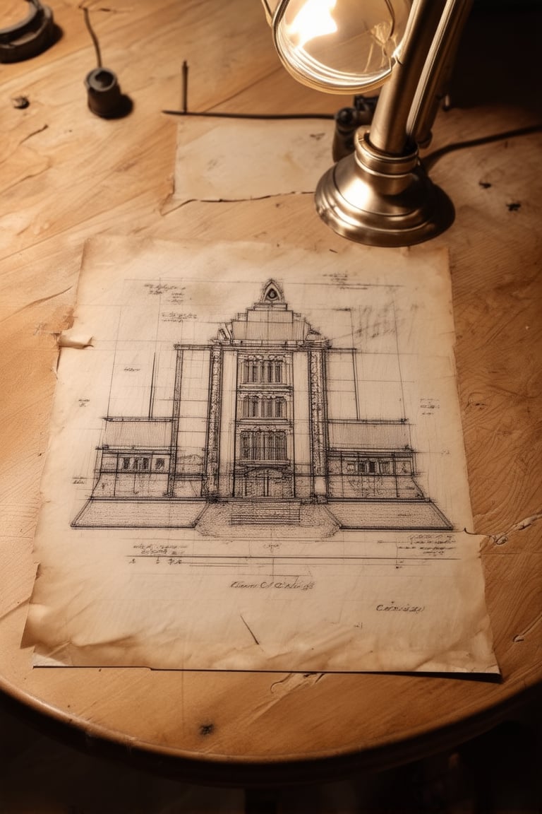 An architectural blueprint sketch on a worn wooden table, with faint pencil marks and creased edges, as if recently unearthed from an ancient archive. A single lamp casts a warm glow on the intricate drawings, highlighting the precision of each line and the faded elegance of aged paper.