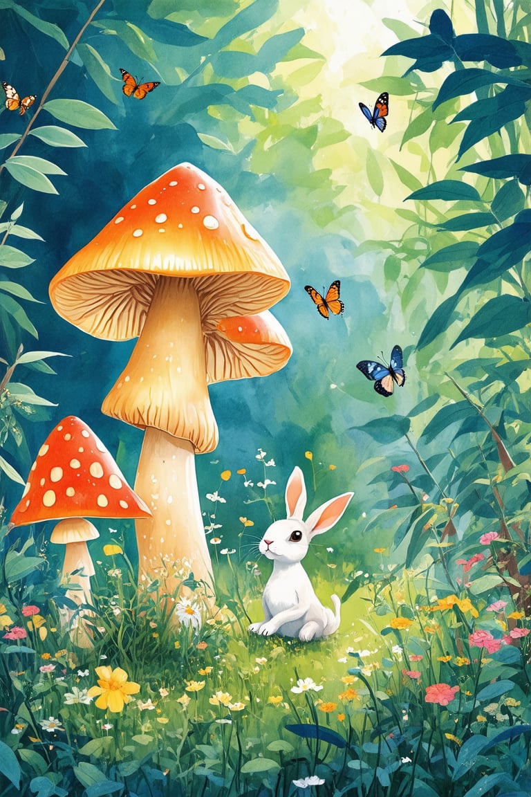 Vibrant 2D illustration of a whimsical forest, featuring towering mushrooms with glowing caps and intricate details, surrounded by fluttering butterflies and delicate wildflowers. Soft, golden light filters through the foliage, casting dappled shadows on the forest floor. A curious rabbit stands at the edge of the clearing, peeking out from behind a toadstool. Watercolor-inspired hues and textures bring this magical scene to life.