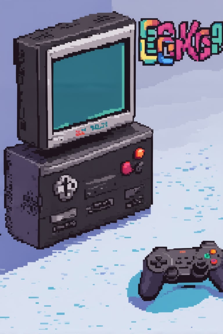 A pixel art illustration of a retro gaming console, All In is emblazoned on the side in bold, blocky letters. The console's sleek black casing is framed by a thin white border, lit from within by a warm blue glow. A controller lies nearby, its buttons and joysticks rendered in vibrant colors. The overall composition is playful, with a sense of nostalgia and pixelated charm.