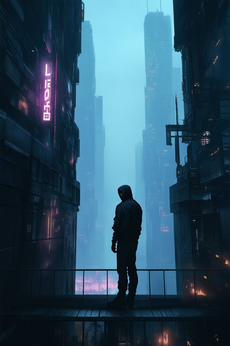 A gritty, high-tech cyberpunk cityscape at dusk. A lone figure, a rebellious hacker, stands atop a hazy skyscraper rooftop, backlit by the neon-lit city. The boom of a shotgun echoes through the fog-shrouded alleys as night descends on Neo-Eden.