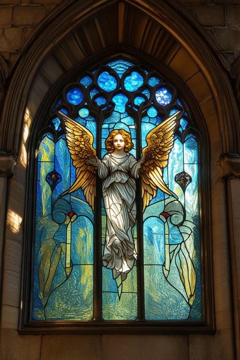 A majestic stained glass window glows with vibrant colors, set against a serene stone Gothic archway. Delicate filigree patterns dance across the surface, as gentle sunlight filters through, casting intricate shadows. A majestic angel, wings outstretched, appears to take flight amidst swirling wisps of blue and gold glass.