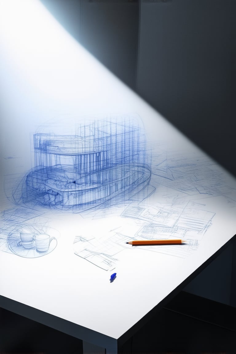 A futuristic blueprint sketch lies open on a sleek, modern desk, its intricate lines and curves illuminated by a soft, overhead spotlight. The architect's pencil rests poised, awaiting the next creative stroke amidst a scattering of coffee cups and scattered notes.