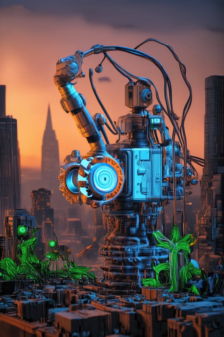 A futuristic cityscape at dusk, with neon lights reflecting off a metallic robotic arm holding a sleek, high-tech device. In the foreground, a mix of mechanical and organic elements blend seamlessly together: gears, wires, and circuit boards intertwine with tendrils of greenery and glowing blue circuits.