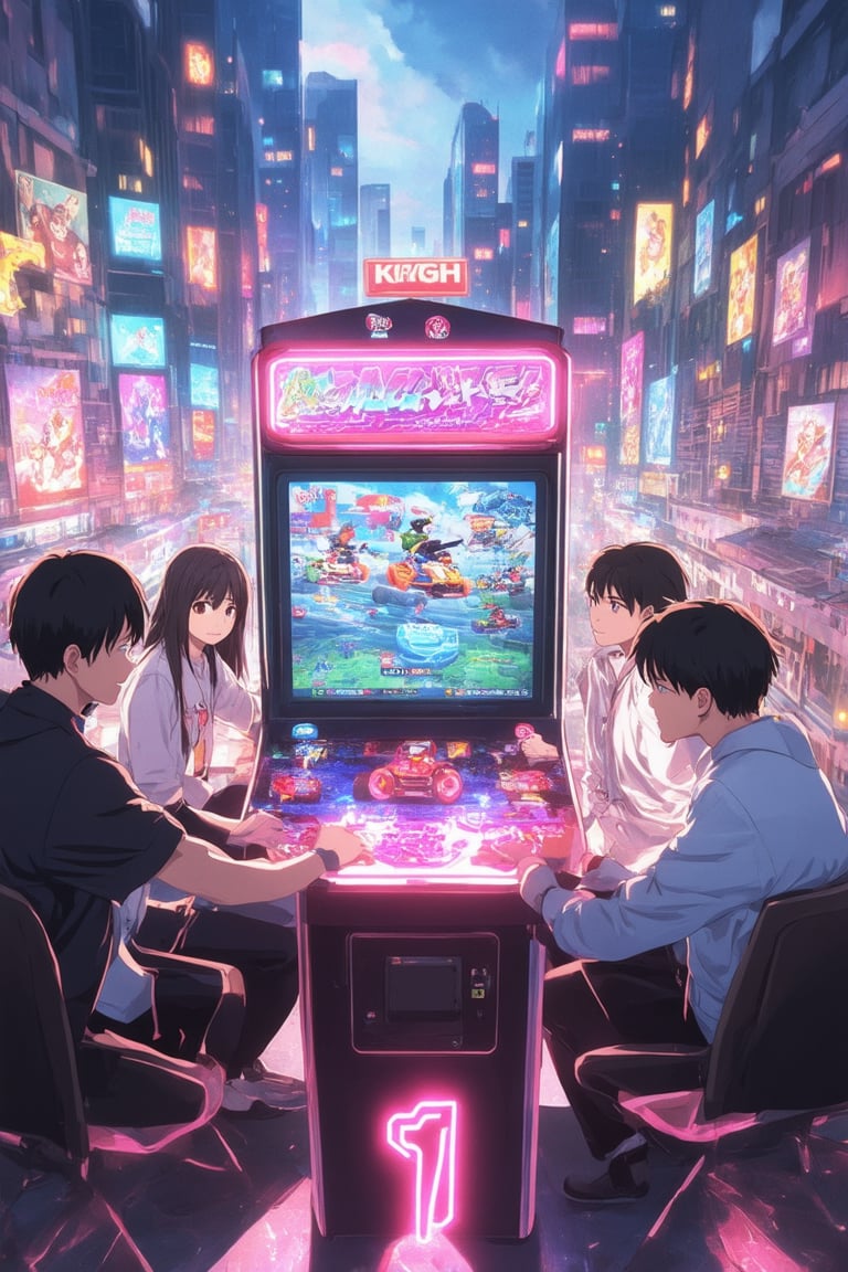 A vibrant anime scene: A group of friends from Kaghi High School gather around a neon-lit arcade machine, surrounded by retro game posters. Soft pastel lighting illuminates their excited faces as they compete in a heated Mario Kart tournament. The colorful backdrop features a cityscape with towering skyscrapers and bustling streets, while the friends' dynamic poses capture the essence of friendly competition.