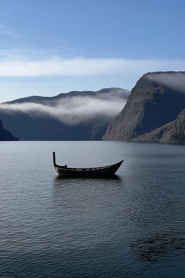 A serene, misty landscape in Halaland, Norway: a majestic fjord stretches into the distance, with towering mountains rising from the water's edge. A small wooden boat drifts lazily across the calm surface, its wooden hull weathered to a soft gray. The sky above is a pale blue, with wispy clouds drifting gently by.