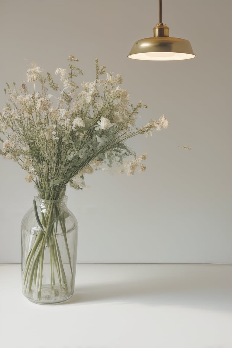 A serene studio setting features a vibrant bouquet of freshly picked flowers on a soft, white background. Delicate petals and stems rise from a shallow vase, gently illuminated by a warm overhead light. The camera captures the arrangement in a clean and minimalist frame, inviting the viewer to step into the peaceful atmosphere.