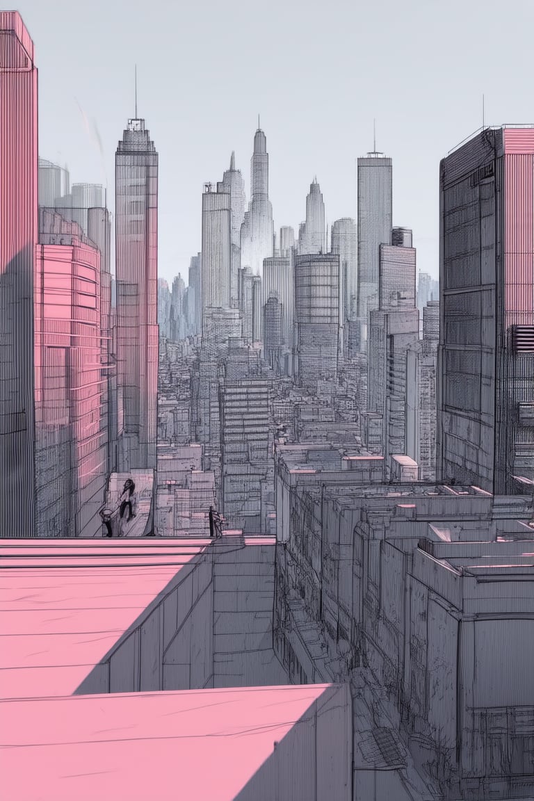 Simple yet striking line art rendering of a futuristic cityscape at dusk, with bold lines and subtle shading defining towering skyscrapers and winding streets. Soft pinkish hues illuminate the scene from above, casting long shadows across the concrete jungle. A lone figure stands atop a rooftop, looking out over the metropolitan sprawl.