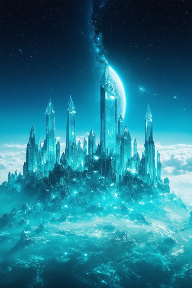 A breathtakingly vibrant planet, 'Cyan Planet', rises majestically in a cerulean sky, its iridescent surface glimmering like a treasure trove of gemstones. The camera pans down to reveal towering crystal spires, their facets reflecting the celestial blue above, as if mirroring the harmony between heaven and earth. Softly glowing nebulae dance across the horizon, casting an ethereal glow on the planet's tranquil landscape.