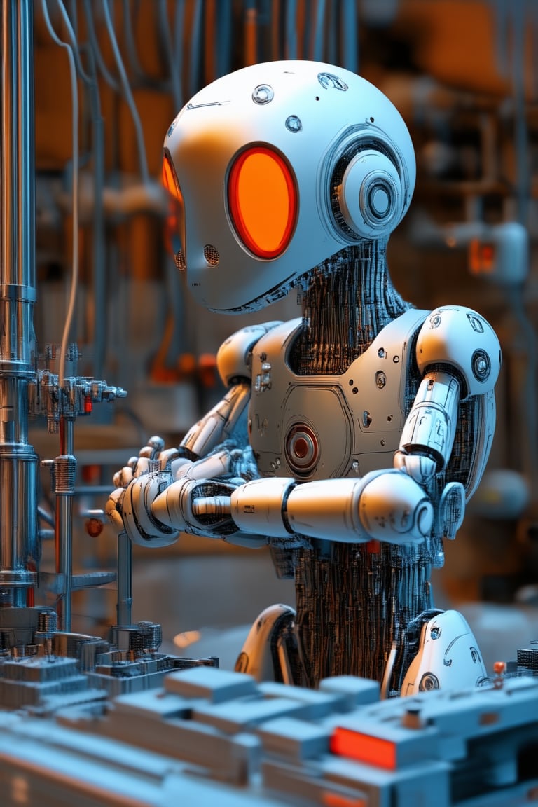 A futuristic laboratory setting with metallic surfaces and neon lights. A robot, 'RoboMaid', stands confidently in the center, its shiny silver body reflecting the colors of the surrounding equipment. Its arms are crossed, showcasing a pose of authority. The background is a blur of wires, tubes, and machinery, highlighting RoboMaid's prominent stance.