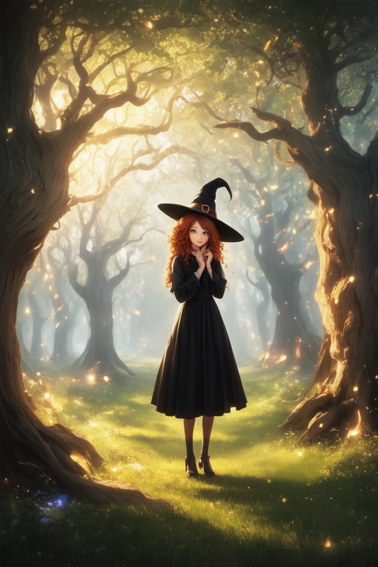 A whimsical forest glade, bathed in warm golden light, with towering trees adorned with fluttering streamers of iridescent silk. A young witch, with wild curly hair and a mischievous grin, stands at the edge of a glowing portal, one hand on her chin, as if pondering an ancient spell. The air is filled with wispy tendrils of fog, swirling around her like ethereal tentacles.