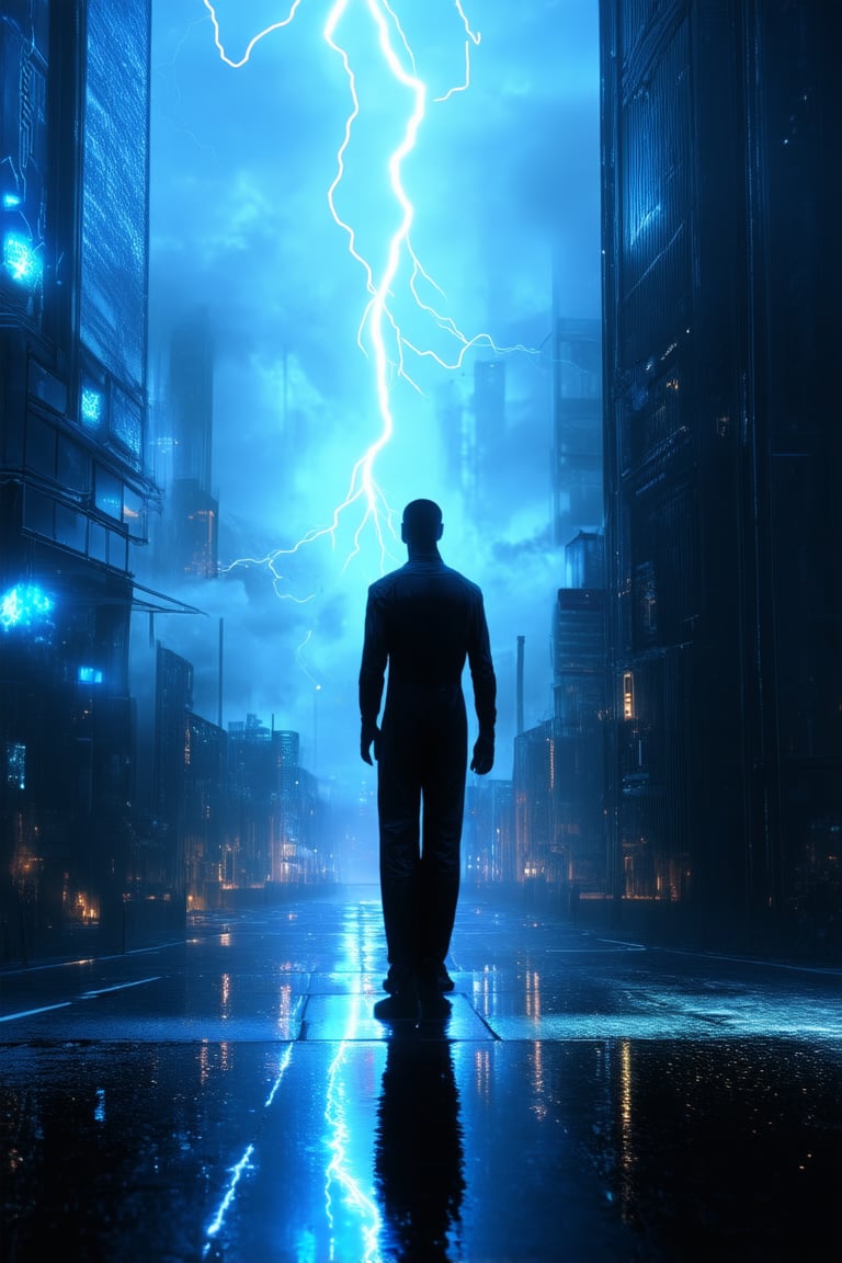 A futuristic cityscape at dusk, with neon lights reflecting off wet pavement. A lone figure in a sleek black jumpsuit stands atop a skyscraper, gazing out into a hazy atmosphere of swirling clouds and electric blue lightning bolts crackling across the horizon. Soft, pulsing LED lines illuminate their determined expression, as they survey the dystopian landscape before them.