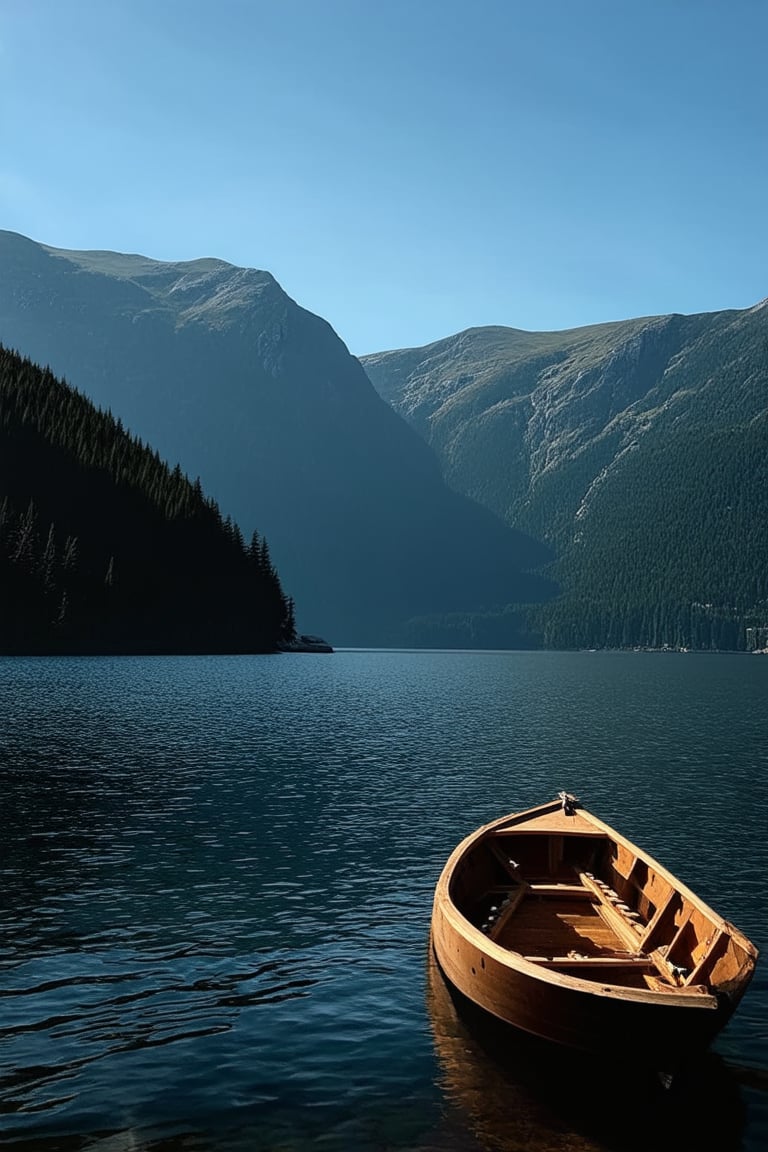 A serene Norwegian landscape: a majestic fjord stretches into the distance, surrounded by lush green mountains and dense forest. A small wooden boat glides smoothly across the calm water's surface, reflecting the vibrant hues of the surrounding landscape. The warm sunlight casts a gentle glow on the scene, with subtle shadows adding depth to the realistic composition.