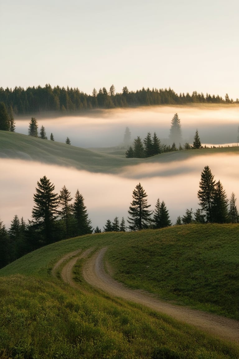 A serene landscape of Halåland, Norway: a gentle misty veil shrouds the rolling hills and verdant forests, where towering pine trees stretch towards the sky. A winding dirt path meanders through the landscape, disappearing into the fog. Soft morning light casts a warm glow on the scene.