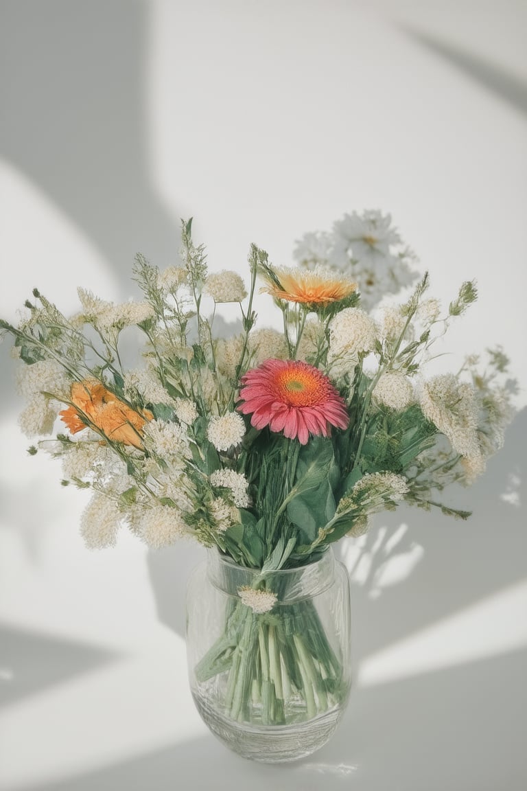 A serene still life setup featuring a vibrant bouquet of colorful flowers against a soft, white flower background. The blooms are arranged artfully in a shallow vase, with gentle petals and delicate stems. Natural light gently illuminates the scene from above, casting subtle shadows on the surrounding surface. A minimalist yet charming composition that exudes warmth and tranquility.