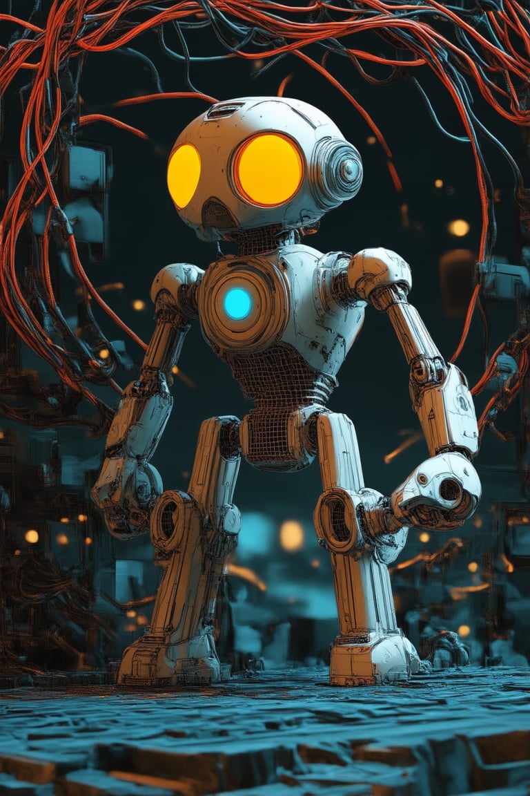 A futuristic robotic landscape: A metallic robot stands tall amidst a swirling vortex of wires and circuits, its LED eyes glowing bright blue against a darkened cityscape backdrop. The robot's body is a mesmerizing mesh of copper and silver hues, with gears and pistons visible beneath translucent panels. Low-key lighting casts dramatic shadows on the surrounding walls, emphasizing the robot's imposing presence within this cyberpunk world.