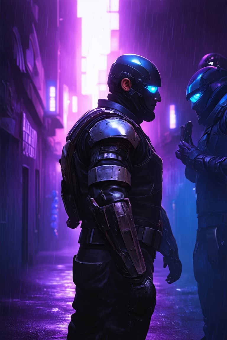 In a dimly lit, neon-drenched alleyway, a rugged cybernetic mercenary, dressed in worn leather and synthetic armor, stands back-to-back with a fellow operative, both gazing out into the rain-soaked streets. The merc's eyes glow bright blue as he scans the surroundings through his cybernetic implants.