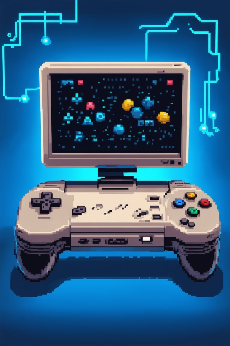 Close-up shot of a retro-style video game console, Pixel Art All-In-One Edition, against a bright blue background with neon-lit circuitry patterns. The console's casing is adorned with colorful pixel art characters from classic games like Pac-Man and Donkey Kong. A pair of chunky controller handles are placed on either side, as if ready for gameplay. Softbox lighting highlights the texture of the console's surface.