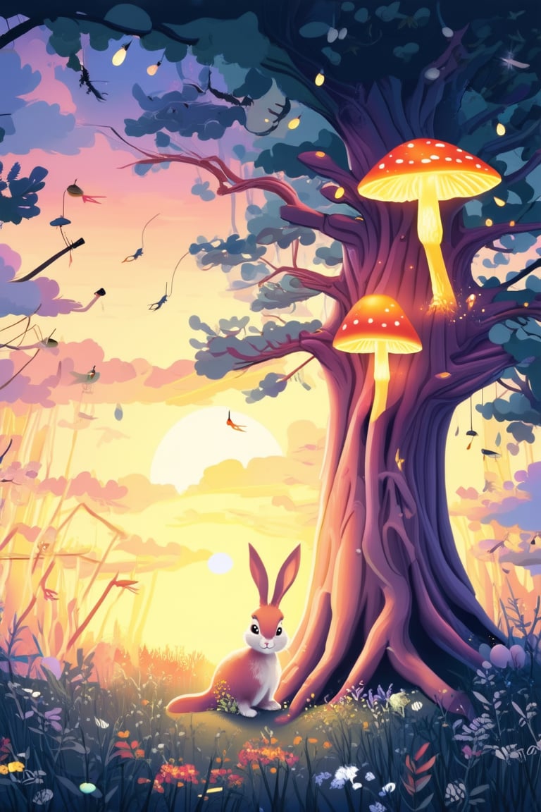 Vibrant 2D illustration of a whimsical forest scene: a towering tree with glowing mushrooms and sparkling fireflies adorns the foreground, set against a warm sunset backdrop with wispy clouds; the subject, a curious rabbit, sits at the base of the tree, gazing up at the mystical atmosphere with a hint of wonder in its eyes.