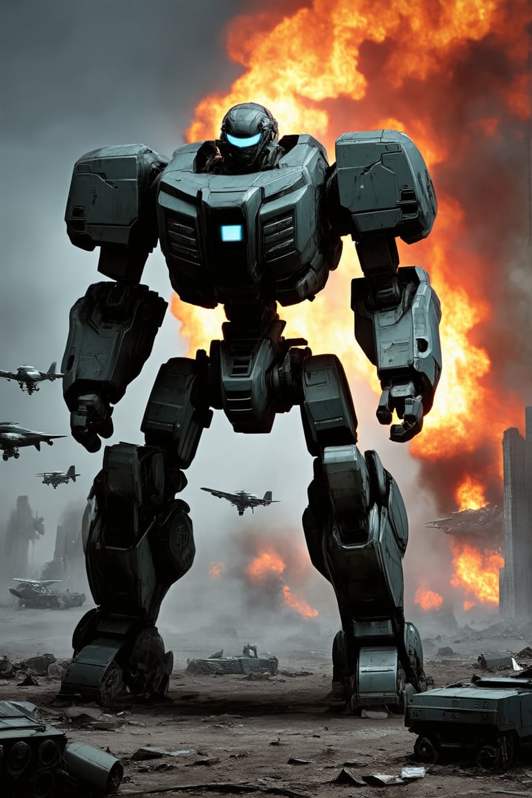 A dramatic depiction of a futuristic battlefield. A heavily armored mech, with glowing blue eyes, stands victorious amidst a desolate wasteland, smoke and flames billowing from the ruins behind it. In the background, a fleet of aircraft drones hover, while in the foreground, a scattered collection of abandoned military equipment lies broken and still.