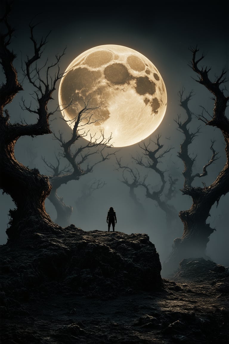 A hauntingly lit, darkened world descends into perpetual twilight, as twisted, gnarled trees stretch towards a sickle-shaped moon. The air is heavy with mist and the faint hum of malevolent energy. In the foreground, a lone figure stands atop a crumbling rock, shrouded in shadow, their features obscured by the darkness.