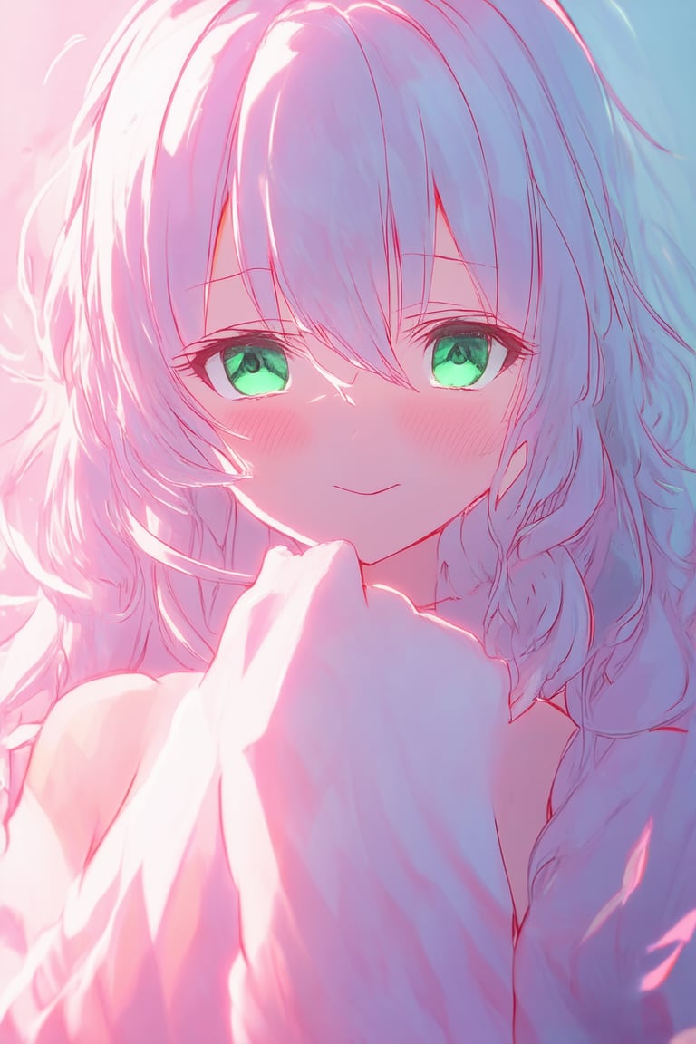 A close-up shot of Kaghi's anime-inspired character, framed within a vibrant pink and blue gradient. Soft, pastel-like lighting illuminates her intricate features, with delicate shading highlighting her piercing green eyes. Her long, curly hair flows like a whirlwind around her face, as she gazes directly at the viewer with a mischievous grin.