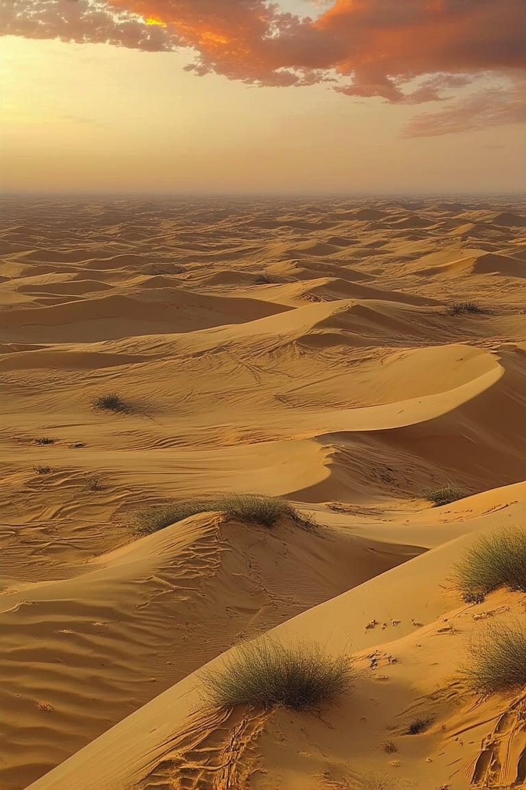 A sweeping landscape of endless dunes in golden light, with wispy creosote bushes stretching towards a horizon where the sun dips into a fiery glow. The sky is ablaze with hues of burnt orange and yellow, casting a warm ambiance on the sandy expanse below.